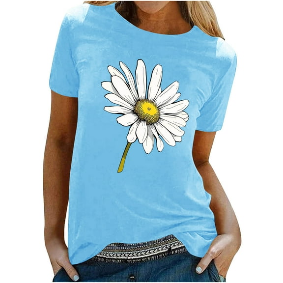 Tnhcen Women's Summer Daisy Print Crew Neck Short Sleeve Basic T-Shirt - Plus Size Friendly S-2XL | Soft Polyester Spandex Cotton Blend Casual Essentials