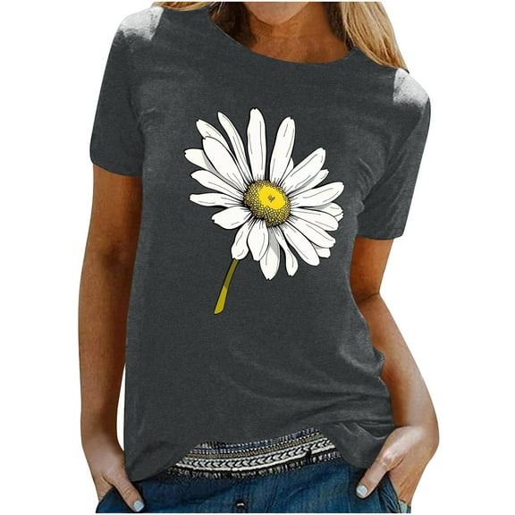 Tnhcen Women's Summer Daisy Print Crew Neck Short Sleeve Basic T-Shirt - Plus Size Friendly S-2XL | Soft Polyester Spandex Cotton Blend Casual Essentials