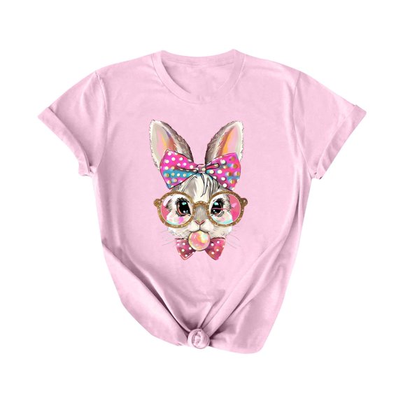 Tnhcen Women's Summer Easter Rabbit Print Crewneck Shirt | Short Sleeve Floral Blouse S-3XL | Plus Size Friendly Polyester Spandex Blend Tops