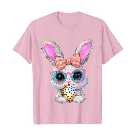 Tnhcen Women's Summer Easter Rabbit Print Crewneck Shirt | Short Sleeve Floral Blouse S-3XL | Plus Size Friendly Polyester Spandex Blend Tops