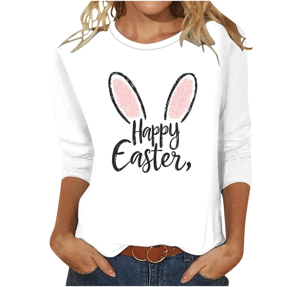 Tnhcen Women's Summer Easter Rabbit Print T-Shirt | Short Sleeve Crewneck White Blouse | Plus Size Friendly S-3XL | Soft Polyester Spandex Blend