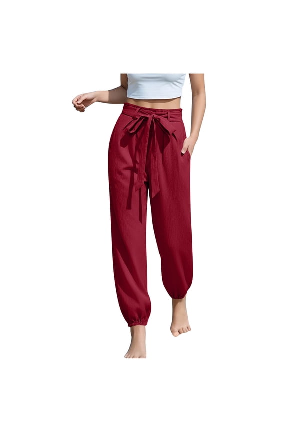Women's Summer Elastic Waist Loose Fit Drawstring Solid Color Side Pocket Cuffed Ankle Ice Silk Crepe Casual Pants, S-2XL