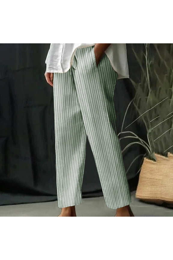 Women's Summer Essential Striped Linen Blend Pants - High Waisted Drawstring Wide Leg Casual Trousers with Side Pockets (S-3XL)