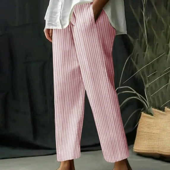 Tnhcen Women's Summer Essential Striped Linen Blend Pants - High Waisted Drawstring Wide Leg Casual Trousers with Side Pockets (S-3XL)