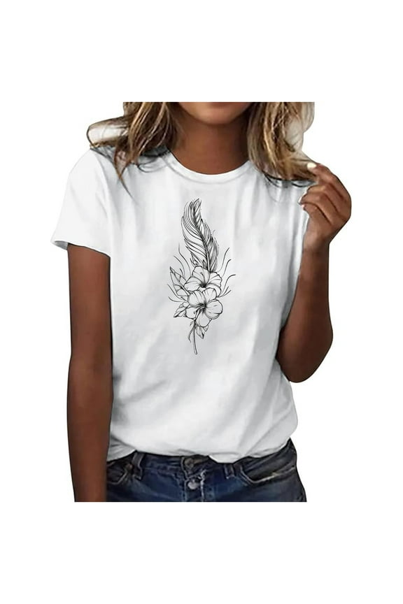 Women's Summer Feather Print Crew Neck Short Sleeve Basic Top - Plus Size Friendly S-3XL | Lightweight Casual Everyday Essentials