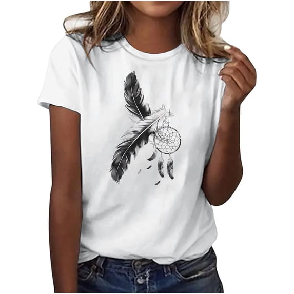 Tnhcen Women's Summer Feather Print Crew Neck Short Sleeve Basic Top - Plus Size Friendly S-3XL | Lightweight Casual Everyday Essentials