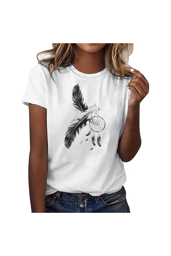 Women's Summer Feather Print Crew Neck Short Sleeve Basic Top - Plus Size Friendly S-3XL | Lightweight Casual Everyday Essentials