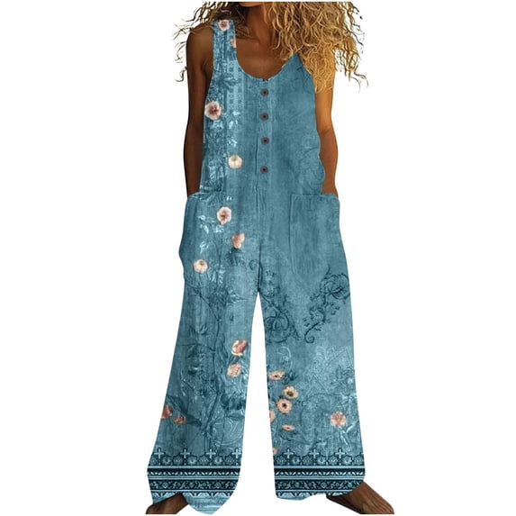 Tnhcen Women's Summer Floral Button Romper with Pockets - 100% Pre-shrunk Polyester Wide Leg Romper Casual Loose Fit S-2XL