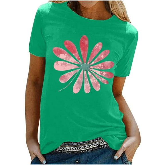 Tnhcen Women's Summer Floral Print Crew Neck Short Sleeve T-Shirt - Basic Plus Size Friendly S-2XL | Soft Polyester Spandex Cotton Blend