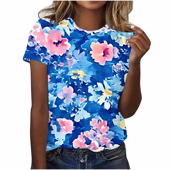 Tnhcen Women's Summer Floral Print Crewneck Short Sleeve Basics T-Shirt | Plus Size Friendly (S-5XL)