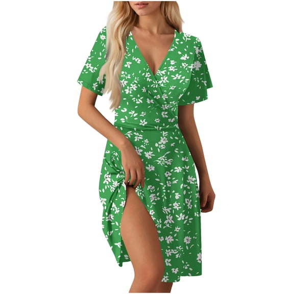 Tnhcen Women's Summer Floral Print Dress, Deep V - Neck Short Sleeve Elegant Wrap High Slit Plus Size (S - 2XL) Stretchy Casual Swing Dress