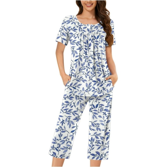 Tnhcen Women's Summer Floral Print Henley Sleepwear Set - Button-Up Short Sleeve Top Capri Pants with Side Pockets Stretchy Pajamas Set Loungewear (S-3XL)
