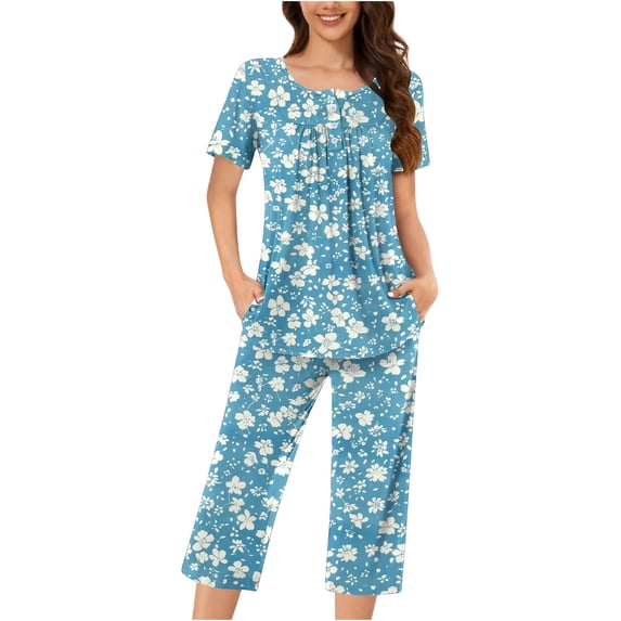 Tnhcen Women's Summer Floral Print Henley Sleepwear Set - Button-Up Short Sleeve Top Capri Pants with Side Pockets Stretchy Pajamas Set Loungewear (S-3XL)