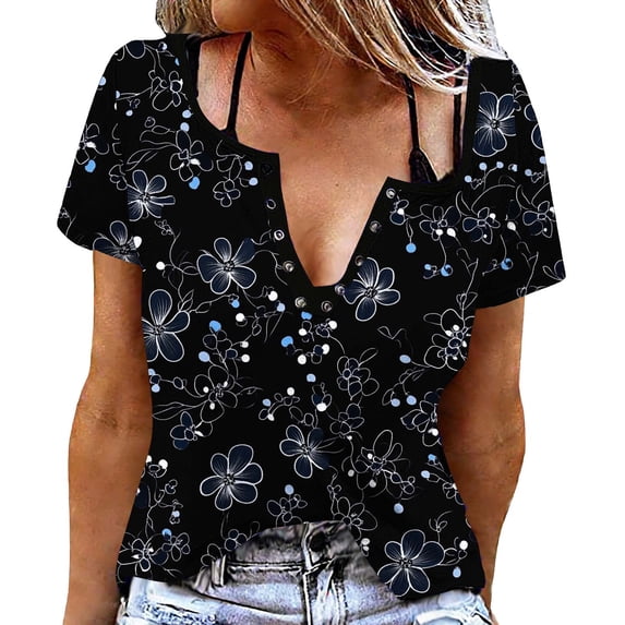 Tnhcen Women's Summer Floral Print Top, Snap Button V-Neck Short Sleeve Blouse, Soft Breathable Casual T-Shirt for Women, Sizes S-2XL