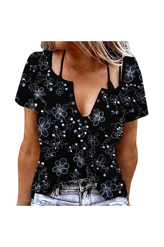 Women's Summer Floral Print Top, Snap Button V-Neck Short Sleeve Blouse, Soft Breathable Casual T-Shirt for Women, Sizes S-2XL