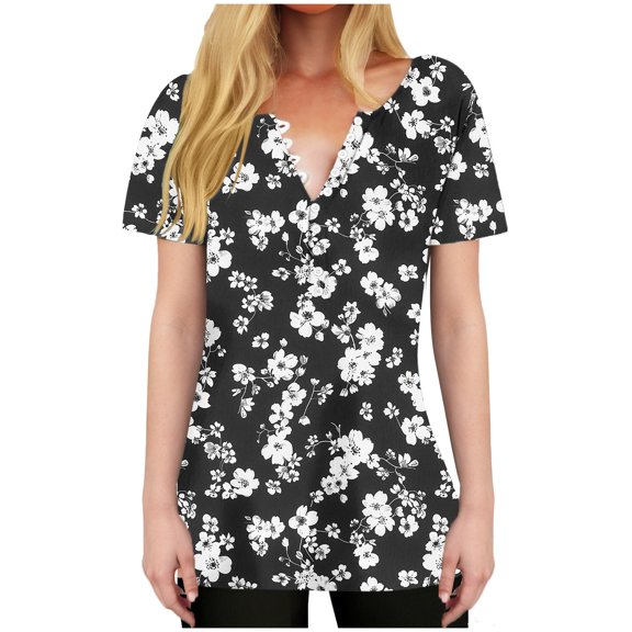 Tnhcen Women's Summer Floral Print V-Neck Button-Up Shirts - Short Sleeve Casual Daily Tops | Plus Size Friendly S-3XL | Versatile Floral Tops for Women
