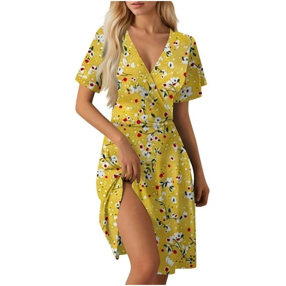 Tnhcen Women's Summer Floral Print V - Neck Short Sleeve Wrap Dress with High Slit Stretchy Casual Beach Bodycon Dress for Women Sizes S - 2XL