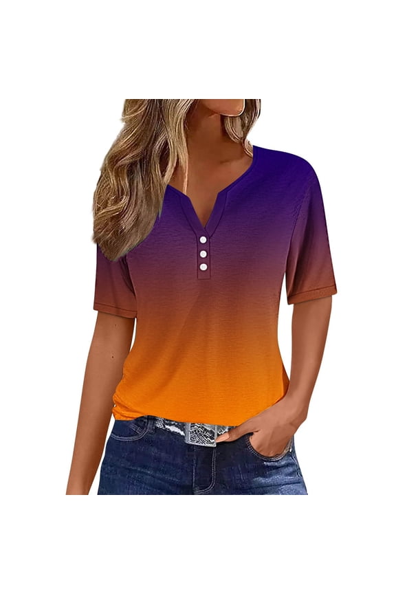 Women's Summer Gradient Henley Short Sleeve Shirt - Plus Size Breathable Soft S-3XL Casual Essential Blouse