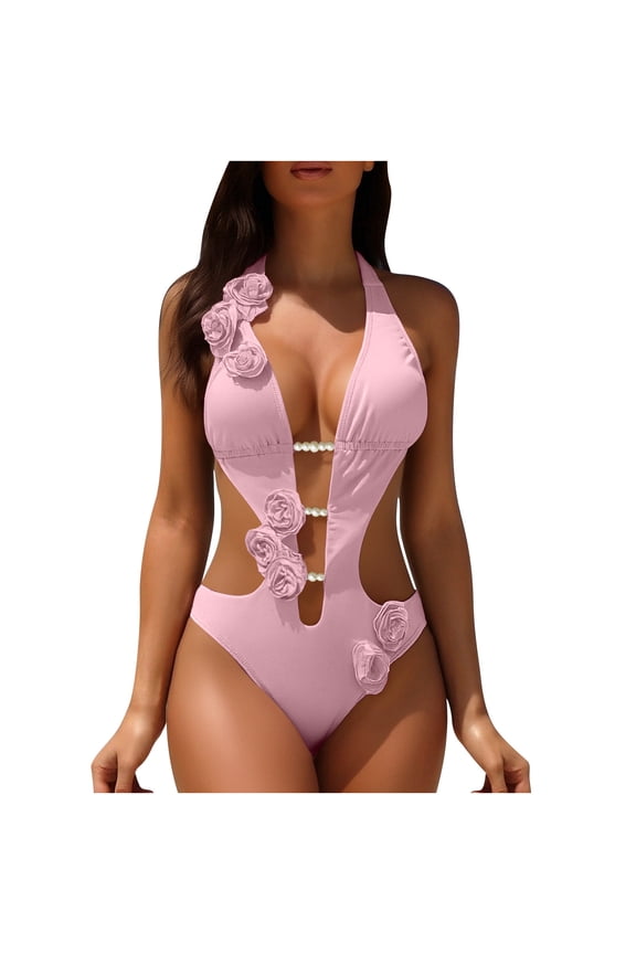 Women's Summer Halter Backless Cut Out Floral Trim Pearl Detail Two - Piece Bikini Set Polyester Solid Swimwear for Women Beach Swimwear Swimsuit Beachwear
