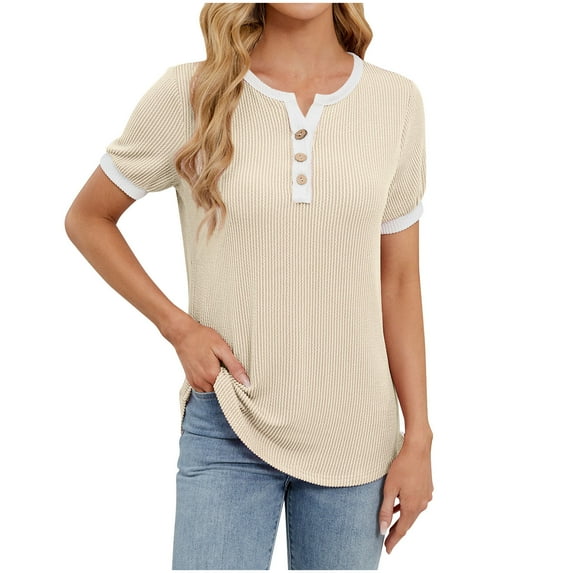 Tnhcen Women's Summer Henley Neck Button Front Blouse | Color Blocking T-Shirt with Embroidered Jacquard | Plus Size Friendly (S-2XL) Nylon Spandex Blend Tops