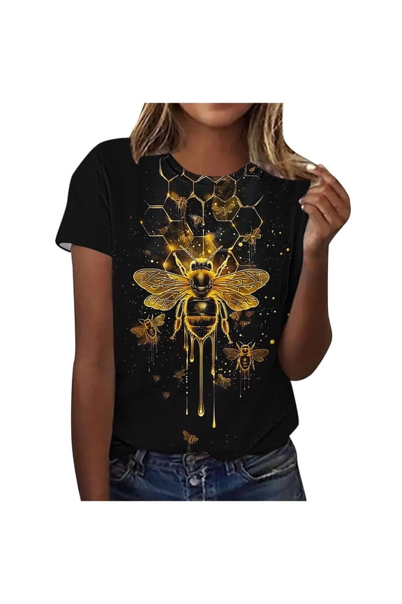 Women's Summer Honey Themed Crewneck T-Shirt | World Bee Day Print Casual Tops | Plus Size Friendly (S-3XL) Polyester Spandex Blend Shirts