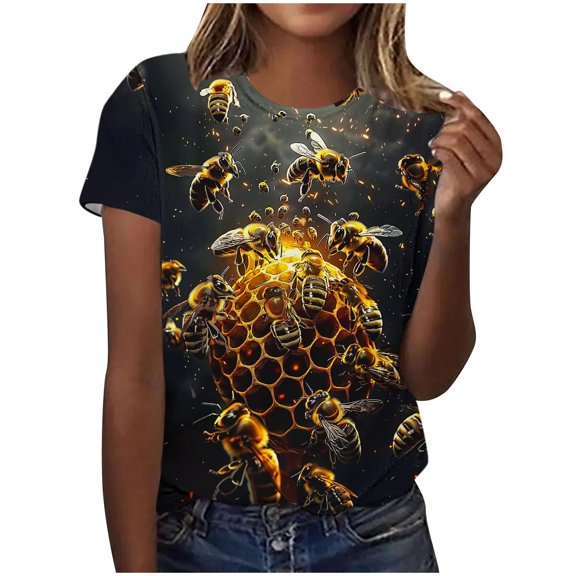 Tnhcen Women's Summer Honey Themed Crewneck T-Shirt | World Bee Day Print Casual Tops | Plus Size Friendly (S-3XL) Polyester Spandex Blend Shirts