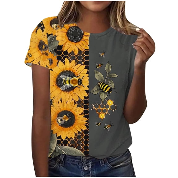 Tnhcen Women's Summer Honey Themed Crewneck T-Shirt | World Bee Day Print Casual Tops | Plus Size Friendly (S-3XL) Polyester Spandex Blend Shirts