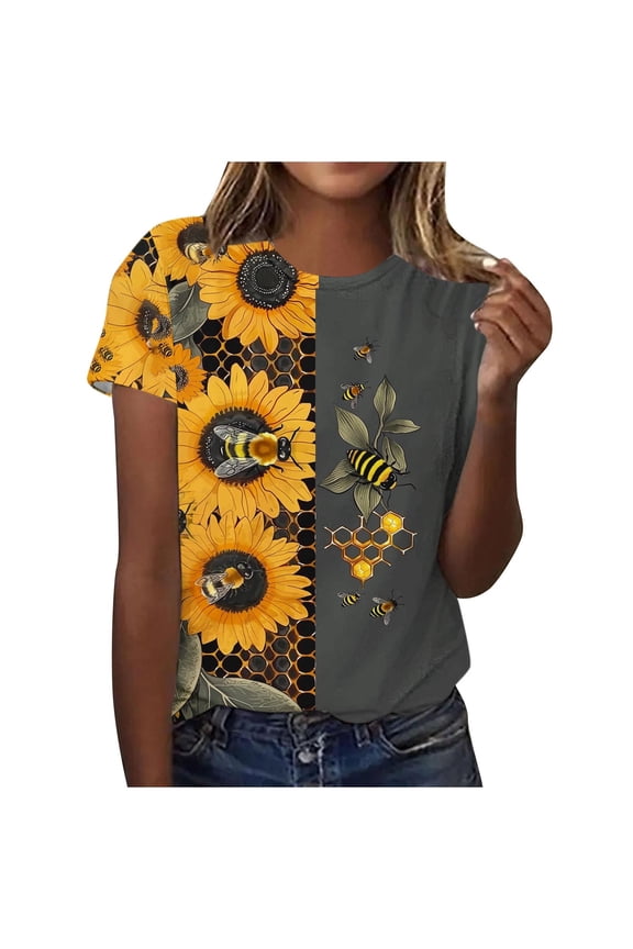 Women's Summer Honey Themed Crewneck T-Shirt | World Bee Day Print Casual Tops | Plus Size Friendly (S-3XL) Polyester Spandex Blend Shirts