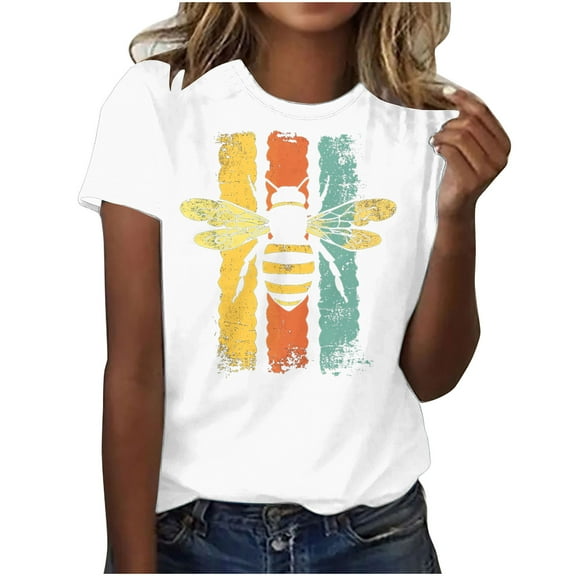 Tnhcen Women's Summer Honey Themed Crewneck T-Shirt | World Bee Day Print Casual Tops | Plus Size Friendly (S-3XL) Polyester Spandex Blend Shirts