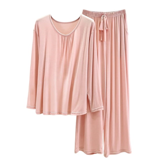 Tnhcen Women's Summer Lightweight Solid Color Modal Cotton Polyester Long Sleeve Long Pants Pajama Set Elastic Waist Drawstring Breathable Comfortable Loungewear