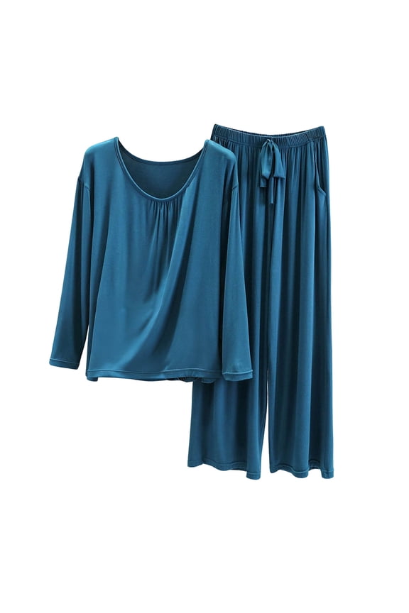 Women's Summer Lightweight Solid Color Modal Cotton Polyester Long Sleeve Long Pants Pajama Set Elastic Waist Drawstring Breathable Comfortable Loungewear