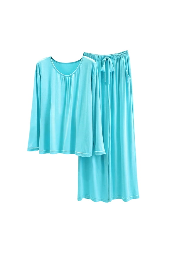 Women's Summer Lightweight Solid Color Modal Cotton Polyester Long Sleeve Long Pants Pajama Set Elastic Waist Drawstring Breathable Comfortable Loungewear