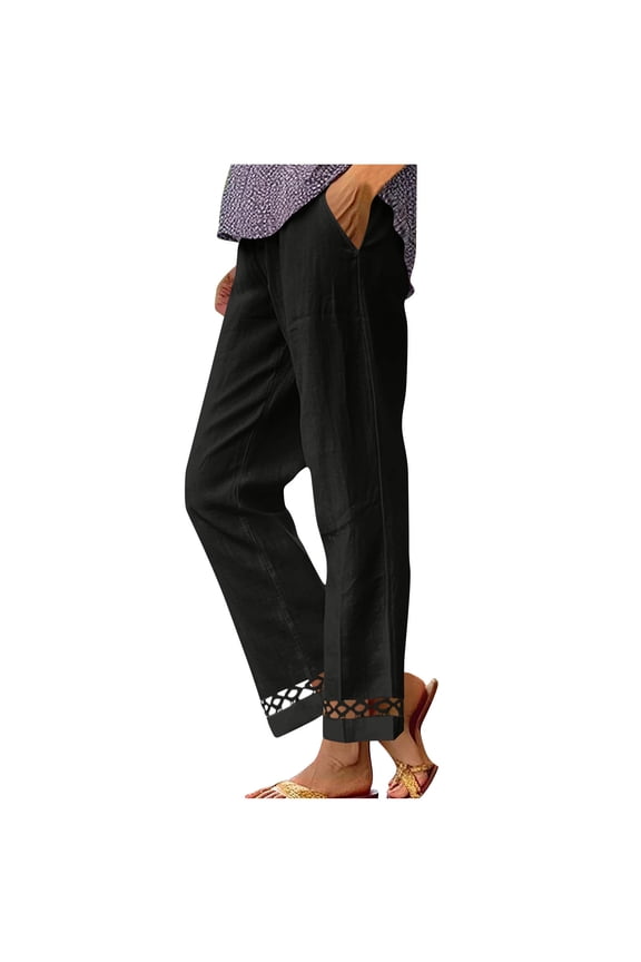 Women's Summer Linen Blend Pants with Elastic Waist & Lace Detail Breathable Cotton Linen Straight Leg Trousers Casual Chic Pull-On Pants with Pockets Available in Sizes S-2XL