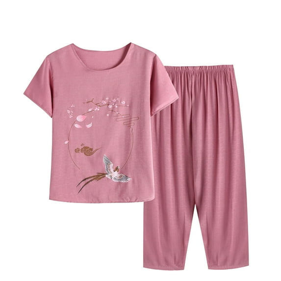 Tnhcen Women's Summer Linen-Like 2-Piece Pajamas Set | Short Sleeve Button-Up Round Neck Floral Print Top + Loose Pants | XL-4XL | Cool Loungewear