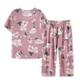 thumbnail image 1 of Tnhcen Women's Summer Linen-Like 2-Piece Sleepwear Set | Short Sleeve Button-Up Round Neck Retro Print Top + Elastic Waist Pants | XL-4XL, 1 of 3