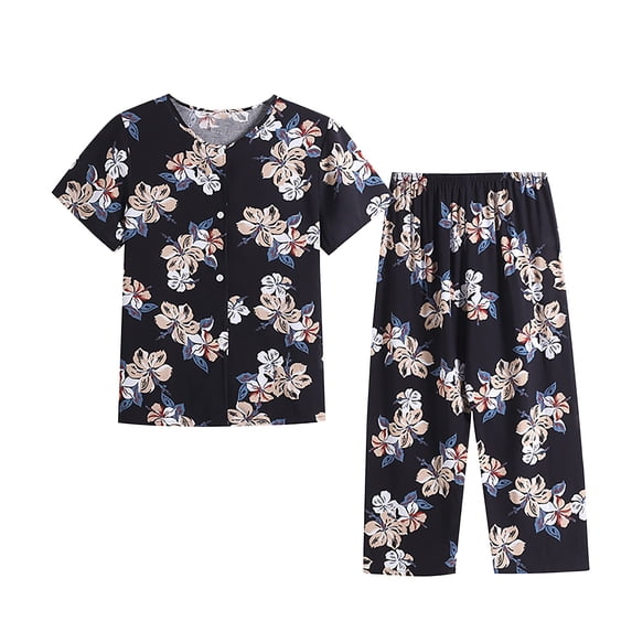 Tnhcen Women's Summer Linen-Like 2-Piece Sleepwear Set | Short Sleeve Button-Up Round Neck Retro Print Top + Elastic Waist Pants | XL-4XL