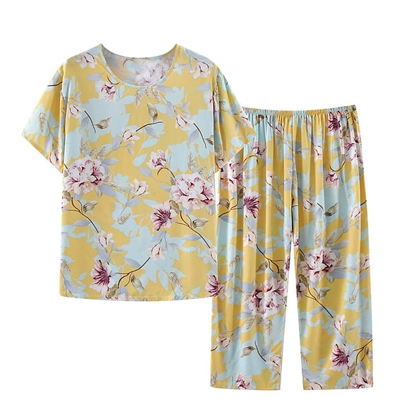 Tnhcen Women's Summer Linen-Like 2-Piece Sleepwear Set | Short Sleeve Button-Up Round Neck Retro Print Top   Elastic Waist Pants | XL-4XL