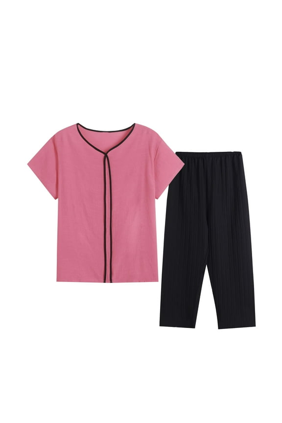 Women's Summer Linen-Like 2-Piece Sleepwear Set | Short Sleeve Round Neck Solid Color Basic Top + Loose Pants | XL-4XL | Cool Loungewear