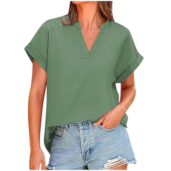 Tnhcen Women's Summer Linen V-neck Loose Fit Solid Color Blouse - Casual Flax Short Sleeve Tops for Women (S-2XL) Breathable Natural Fabric