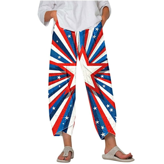 Tnhcen Women's Summer Loose Fit Wide Leg Pants - Patriotic 4th of July Print, Fashionable Basics for Women, Elastic Waist Casual Lightweight Elasticated Plus Size Pants S-5XL