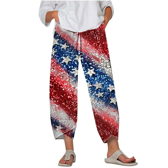 Tnhcen Women's Summer Loose Fit Wide Leg Pants - Patriotic 4th of July Print, Fashionable Basics for Women, Elastic Waist Casual Lightweight Elasticated Plus Size Pants S-5XL