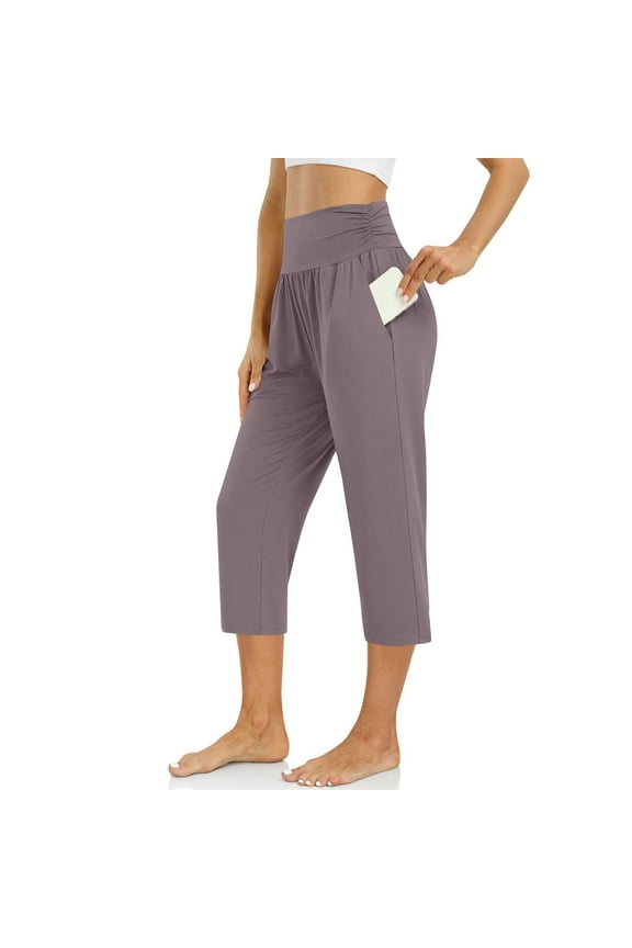 Women's Summer Lounge Pants with Pockets Elastic Shirred Waist Capris Milk Silk Brushed Polyester Spandex Comfort 7/8 Pants S-2XL
