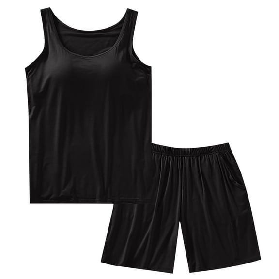Tnhcen Women's Summer Modal Pajama Set Built-in Bra Camisole Shorts Sleepwear Loungewear Comfortable M-3XL Multiple Colors Available Black