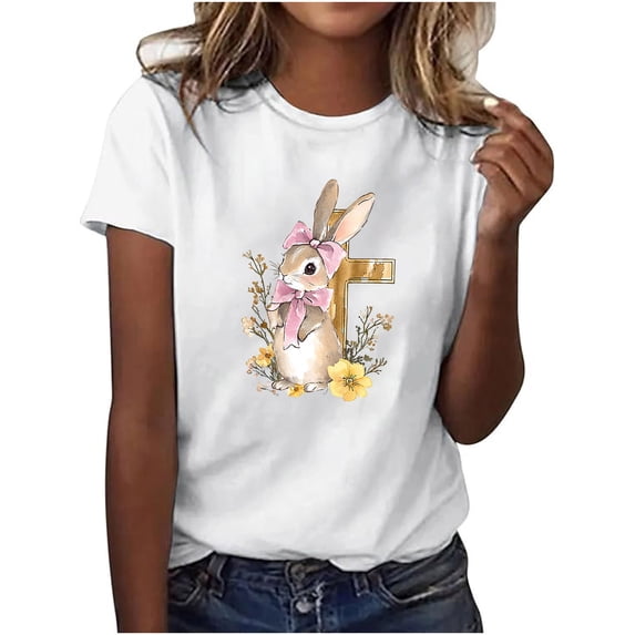 Tnhcen Women's Summer New Arrival Easter Cute Print Round Neck Short Sleeve Tops – Plus Size Friendly Basic Shirts S-3XL Breathable Polyester Tops