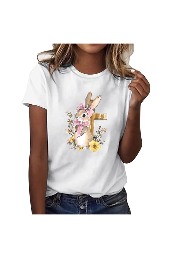 Women's Summer New Arrival Easter Cute Print Round Neck Short Sleeve Tops – Plus Size Friendly Basic Shirts S-3XL Breathable Polyester Tops