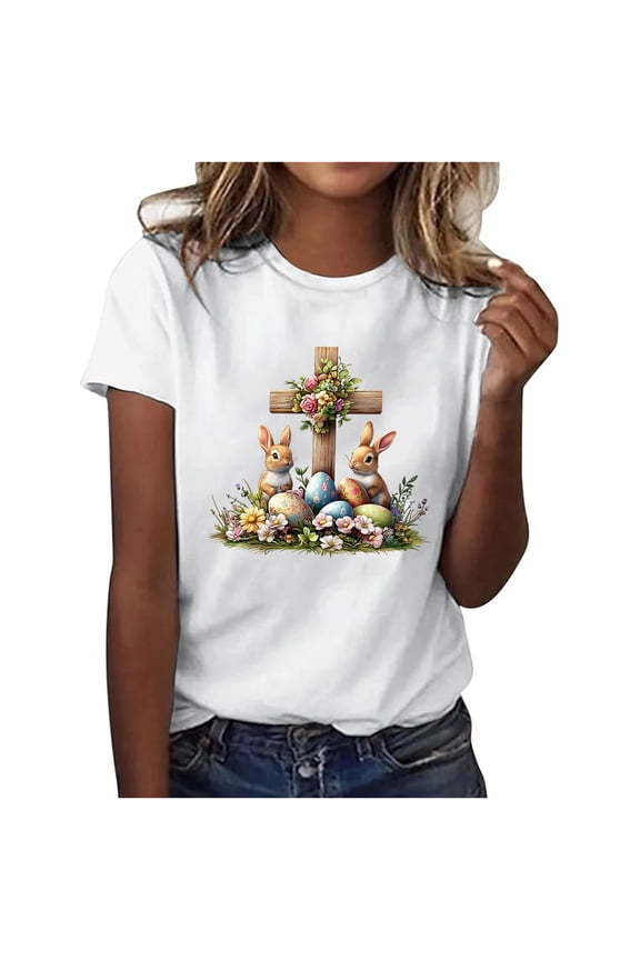 Women's Summer New Arrival Easter Cute Print Round Neck Short Sleeve Tops – Plus Size Friendly Basic Shirts S-3XL Breathable Polyester Tops