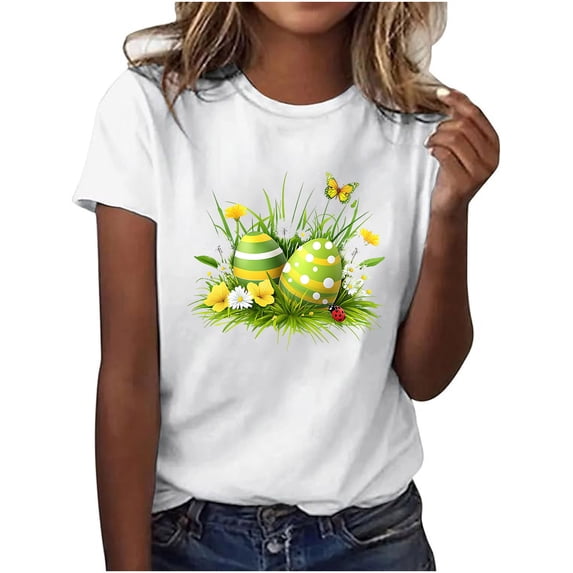 Tnhcen Women's Summer New Arrival Easter Cute Print Round Neck Short Sleeve Tops – Plus Size Friendly Basic Shirts S-3XL Breathable Polyester Tops