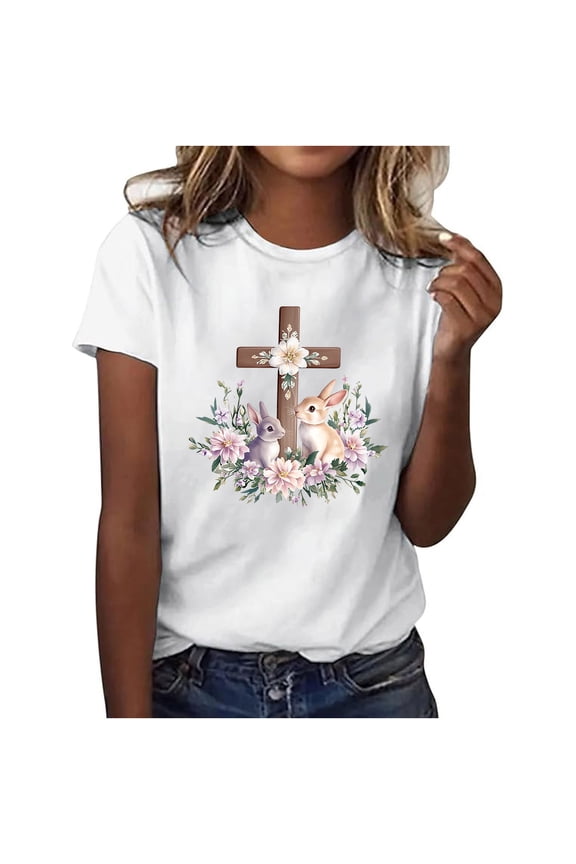 Women's Summer New Arrival Easter Cute Print Round Neck Short Sleeve Tops – Plus Size Friendly Basic Shirts S-3XL Breathable Polyester Tops