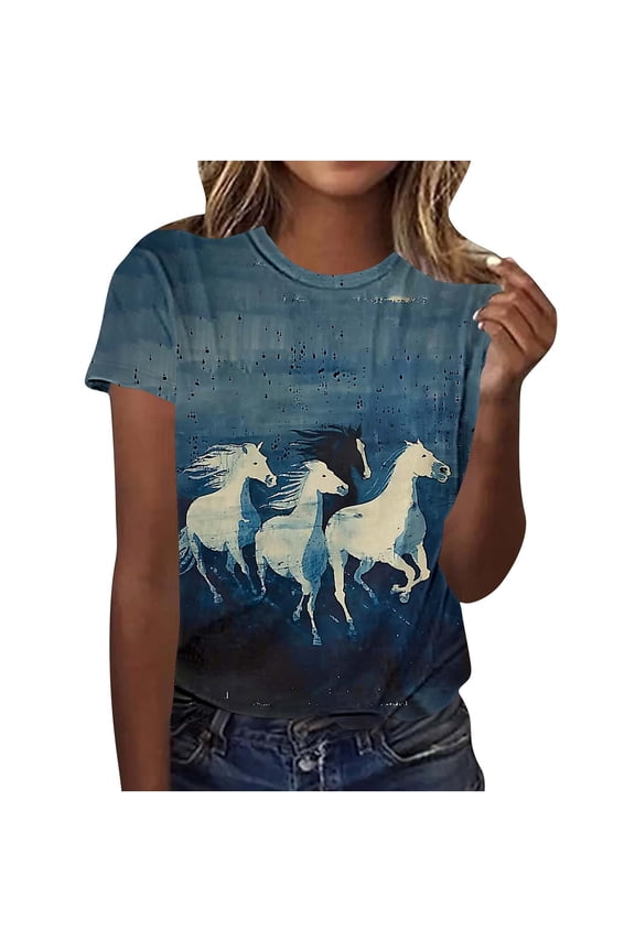 Women's Summer New Arrivals Short Sleeve Crewneck T-Shirt - Trendy Horse Print Casual Top 95% Polyester 5% Spandex S-5XL Plus Size Essential