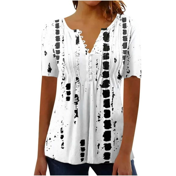 Tnhcen Women's Summer New Short Sleeve Henley Button-Up - Printed Casual Shirts with Pleated Details | Stretchy Tops (S-3XL) Everyday Wear